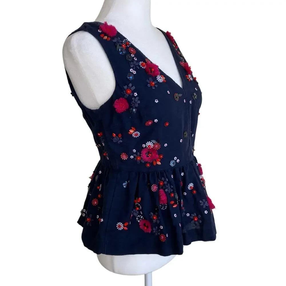 J. Crew Hand-Embellished Beaded Linen Blend Sleeveless Peplum Top Navy Red Sz 00